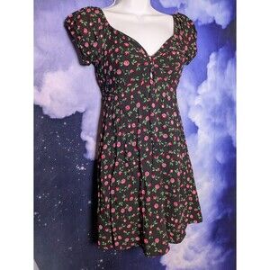 Black Rose Print Puff Sleeve Mini Dress Size Small Cottagecore Coquette Floral